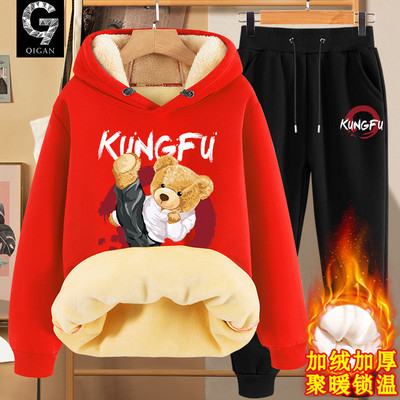 卫衣男款青少年加绒加厚运动套装