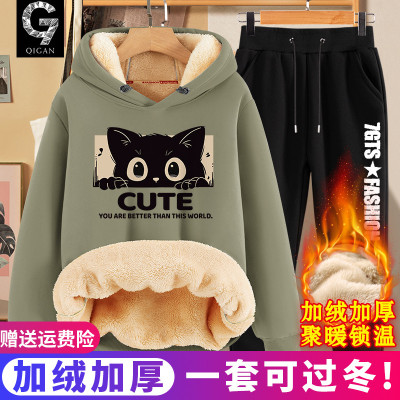 卫衣男款秋冬青少年加绒连帽套装