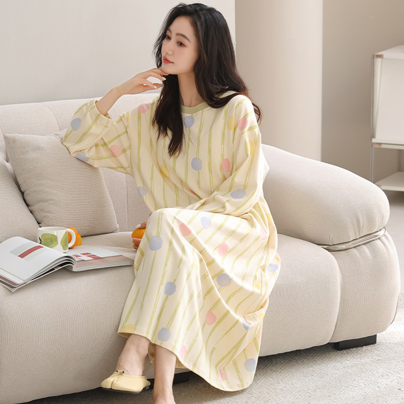 2026春秋装纯棉质长裙夏天薄款睡裙女士长袖家居服圆领套头家居服