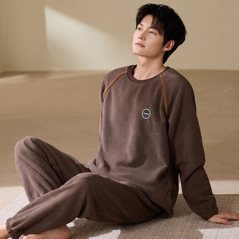 男士珊瑚绒加厚款圆领套头长袖长裤睡衣冬天宽松加大码家居服套装