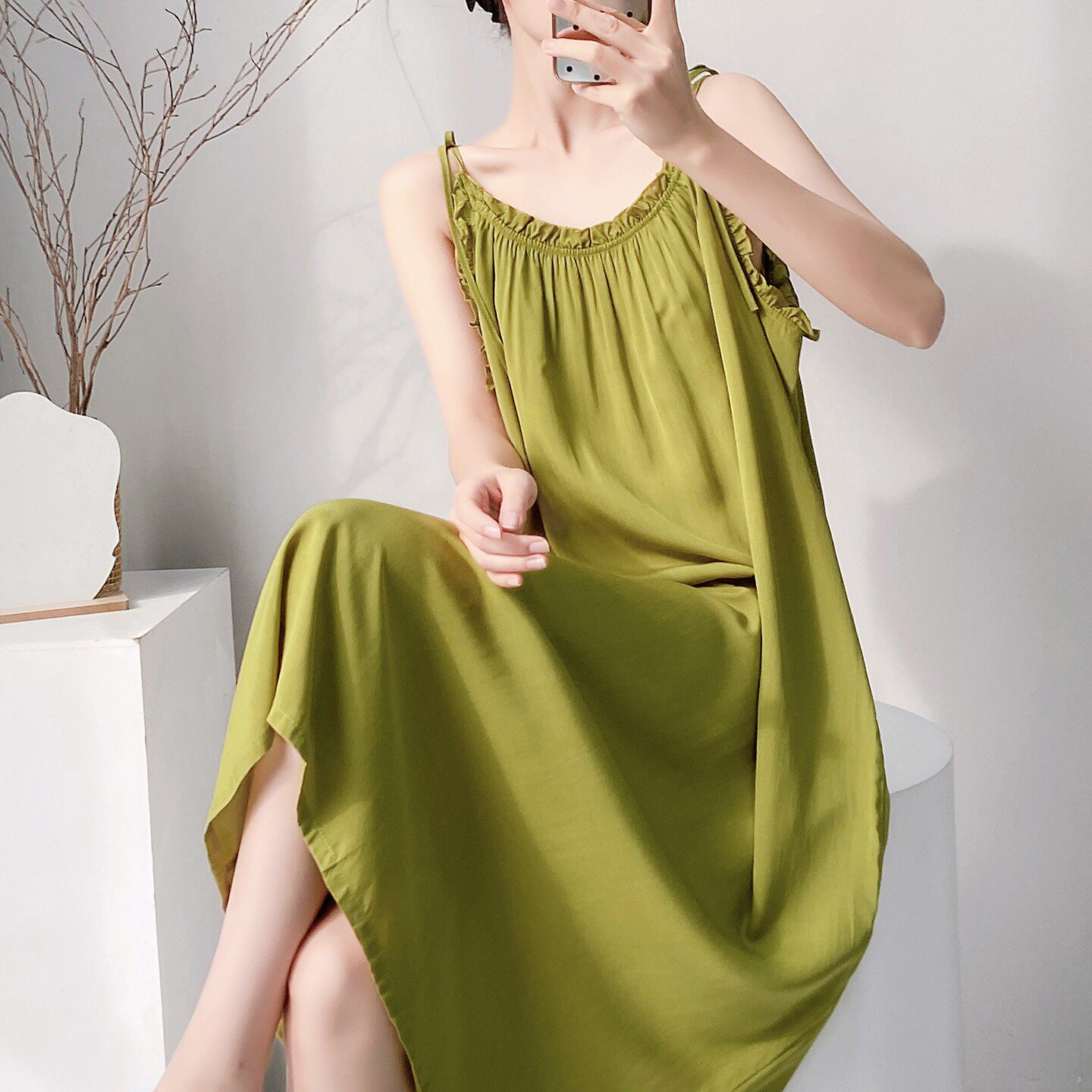 女士棉绸无袖吊带睡裙夏天连衣裙背心坎肩家居服梭织人造棉睡衣裙