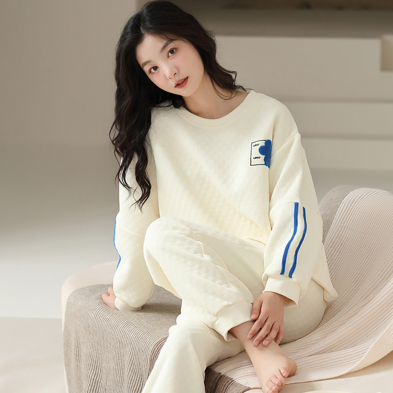 秋冬厚款夹层棉女睡衣套装加大码