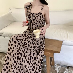 可外穿无袖吊带长裙夏天棉绸背心坎肩睡衣女款连衣裙豹纹性感睡裙