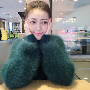 绿色慵懒风马海毛毛衣女2022新款 水貂绒秋冬宽松外穿 加厚套头短款