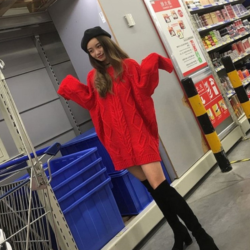 红色软糯毛衣女中长款秋冬外穿23新款韩版宽松慵懒风针织套头毛衣