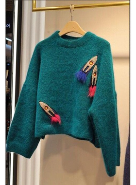 绿色毛衣女法式慵懒风2021新款宽松韩版套头马海毛加厚毛衣外穿冬