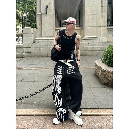 美式街头休闲运动卫裤男夏季新款baggy乐谱印花直筒阔腿拖地长裤