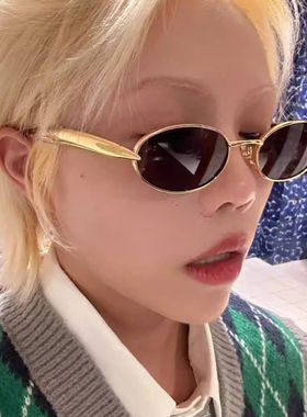 蔡徐坤同款椭圆老钱风金属太阳镜男复古高质感方圆脸显瘦遮阳墨镜