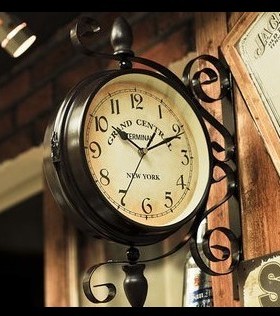 欧式铁艺双面挂钟创意美式钟表酒吧餐厅咖啡馆壁饰墙饰复古时钟i.