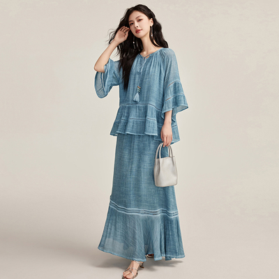 休闲宽松夏季短袖时尚套装绣花女装连衣裙套装风气质牛仔复古