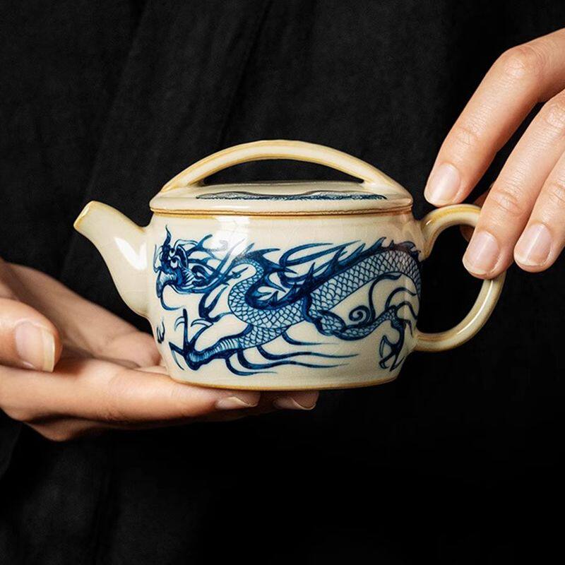 古汝明青花祥龙汉瓦壶小茶壶泡茶壶单壶开片茶水壶家用男中式陶瓷