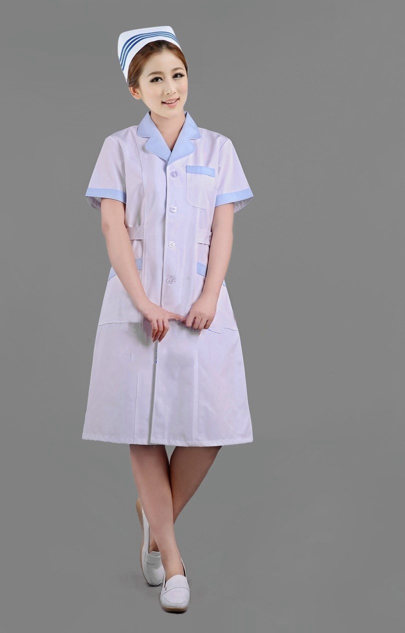 南丁格尔女款白色为医生服护士服导医服药店服蓝边夏装短袖白大褂