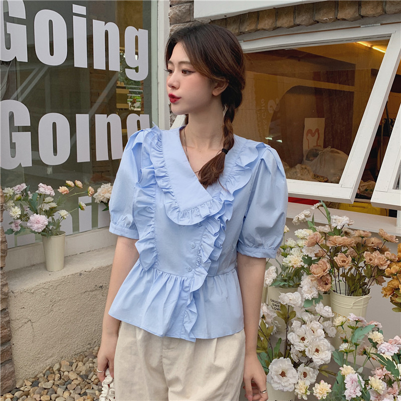 Real shooting and real price summer new Korean style waist closing and thin design feeling wood ear stitching shirt