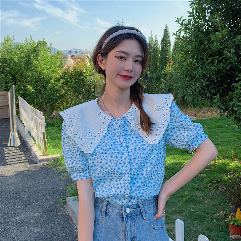 Real shot real price summer new Korean design baby collar bubble sleeve shirt