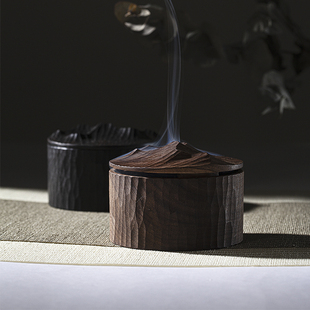 创意禅意简约黑胡桃实木手工雕刻大漆盘香小香炉茶道摆件木收纳盒