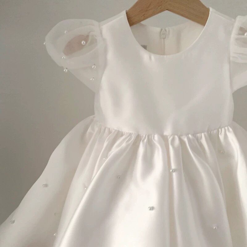 儿童礼服公主裙女童周岁生日礼服蓬蓬纱花童婚礼小女孩礼服小白裙