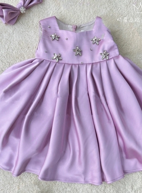 新品紫色女童公主裙幼童百天宝宝满月周岁生日重工白色小礼服高端