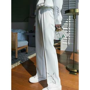 男白色垂感高级感宽松阔腿冰丝长裤 脚刺绣设计坠感直筒西裤 裤 夏季
