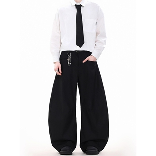 男士 春秋新款 垂坠阔腿休闲裤 男女美式 简约高级感通勤黑色弯刀西裤