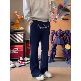 藏青色阿拉伯文刺绣卫裤女男春季高街直筒休闲裤窄版显瘦运动裤子