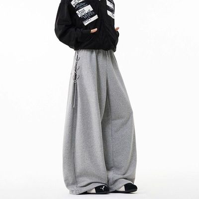 美式绑带设计运动卫裤男女冬重磅hiphop微喇长裤复古宽松阔腿裤子