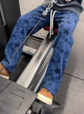 藏青色美式扎染星星卫裤男款冬季设计感裤子vide高街直筒长裤