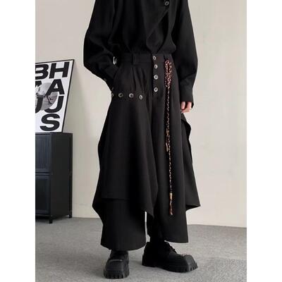 暗黑小众书法印染裙摆阔腿裙裤男女春秋季不规则宽松山本九分裤裙