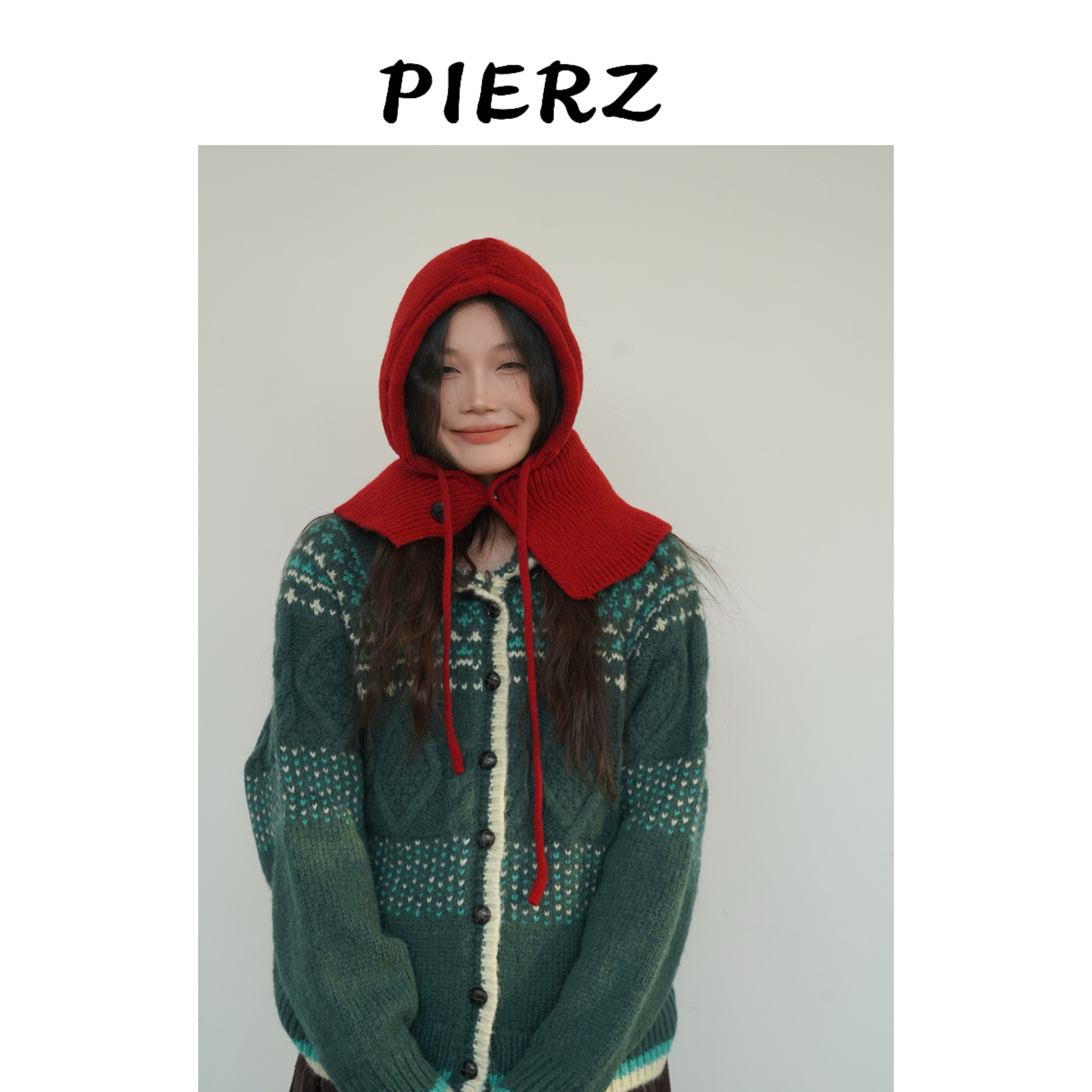 PIERZ自制 冬季复古显白墨绿色费尔岛节日手工刺绣毛衣连帽外套女