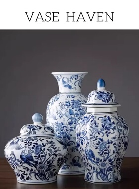 宋式美学特别好看的青花瓷客厅插花器禅意绝美轻奢高级感花瓶摆件