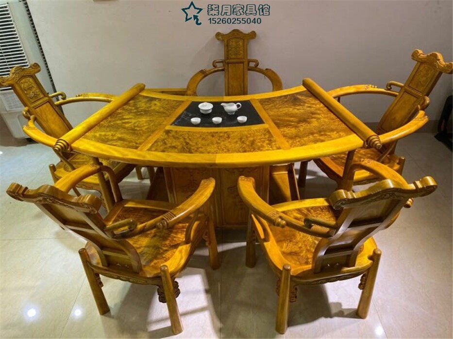 高端黄金樟金丝楠木家具扇形泡茶桌新中式全实木功夫茶台带自动电