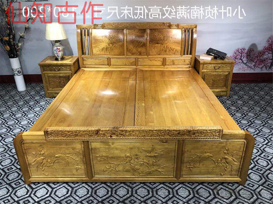 仙知古作金丝楠木家具四川雅安小叶桢楠树头料2.2米1.8米婚床实木