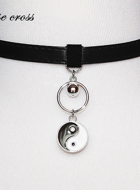 RC原创暗黑国风 太极圆环choker 朋克黑色圆牌复古皮革锁骨颈链带