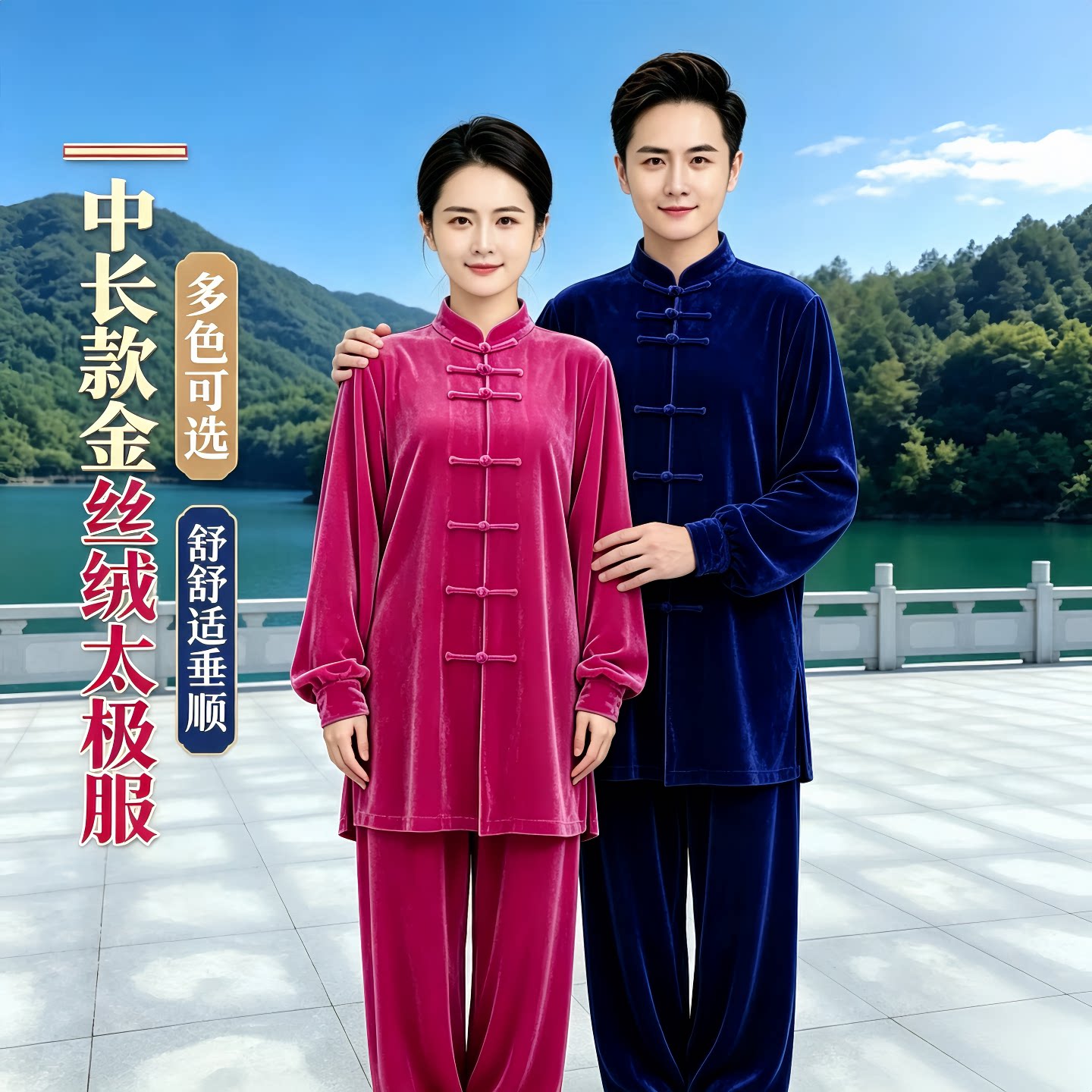 冬季金丝绒太极服男女中长款加厚保暖本色盘扣晨练太极拳练功套装