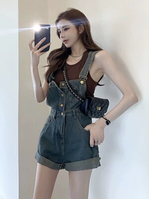 复古卷边牛仔背带裤女夏季2024