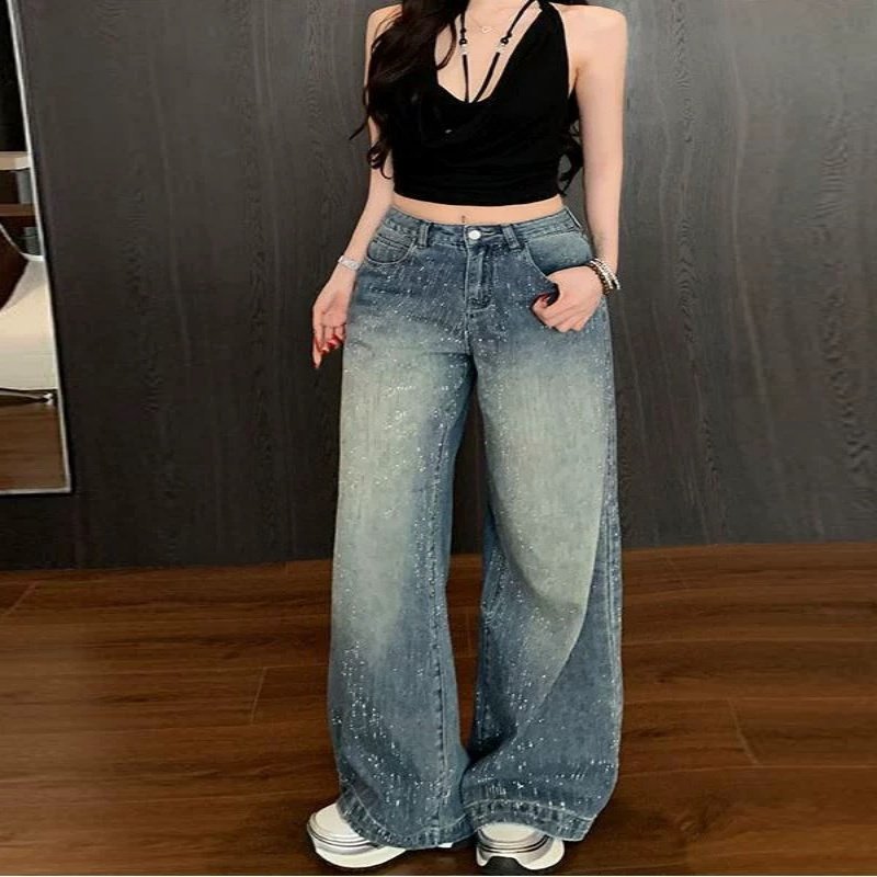 美式复古高街烫钻牛仔裤女春秋季高腰宽松bf慵懒风直筒阔腿拖地裤,女装/女士精品,牛仔裤,淘宝优惠券,粉丝福利购,淘宝优惠卷