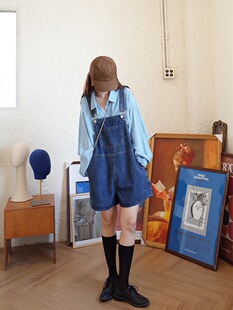 女薄夏季 吊带裤 2024新款 五分裤 高腰直筒显瘦宽松牛仔裤 复古背带裤