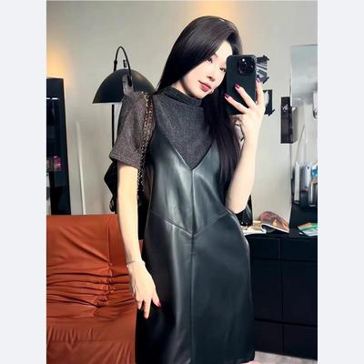 2025秋冬新款ins超火吊带真皮皮裙女士时尚百搭羊皮连衣裙