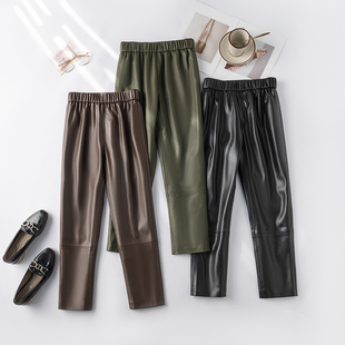 简约高腰通勤九分直筒休闲裤 真皮皮裤 绵羊皮皮裤 ins海宁2025新款