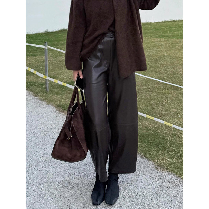 老钱风咖色高腰阔腿皮裤女九分裤