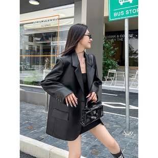 黑色皮西装外套女早秋高级感秋冬宽松绵羊皮超好看真皮皮衣机车服