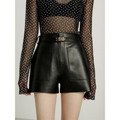 2025秋冬新款 ins风潮通勤时尚 a字高腰显瘦百搭绵羊皮皮裤 真皮短裤