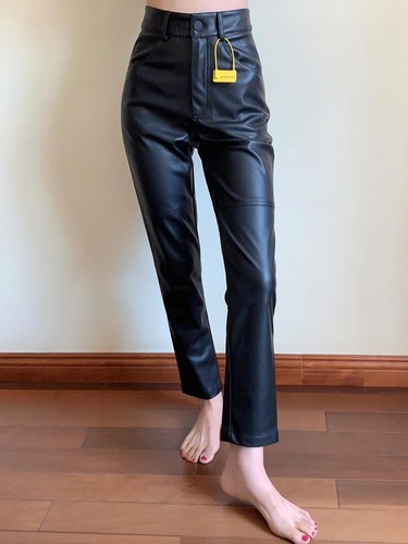 复古百搭高腰九分裤皮裤