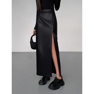 黑色真皮皮裙直筒半身裙女冬款 设计感开叉性感高腰气质包臀长裙