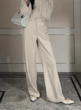 白色简约时尚真皮直筒长裤轻熟风高级感气质拖地皮裤女秋冬新款