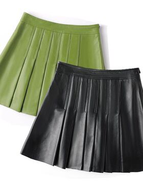 特价促销真皮皮裙女小羊皮半身裙绵羊皮百褶裙绿色性感高腰包臀裙