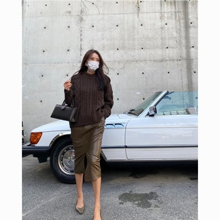 2025秋冬新款绵羊皮皮裙真皮皮裙高腰前开叉女a字裙包臀裙中长裙