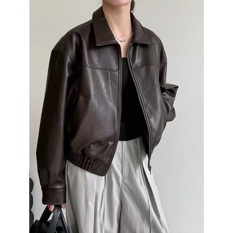 美拉德咖色绵羊皮真皮皮衣机车服