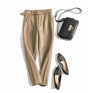 欧洲站2025秋冬新款小羊皮裤真皮皮裤女中腰包臀a字九分裤子冬