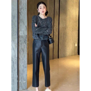皮裤 气质高级感直筒窄版 女2025年新款 九分裤 潮 韩版 休闲烟管裤 时尚