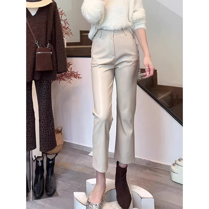 韩系白色九分直筒皮裤女2025秋冬新款今年流行爆款窄版修身烟管裤